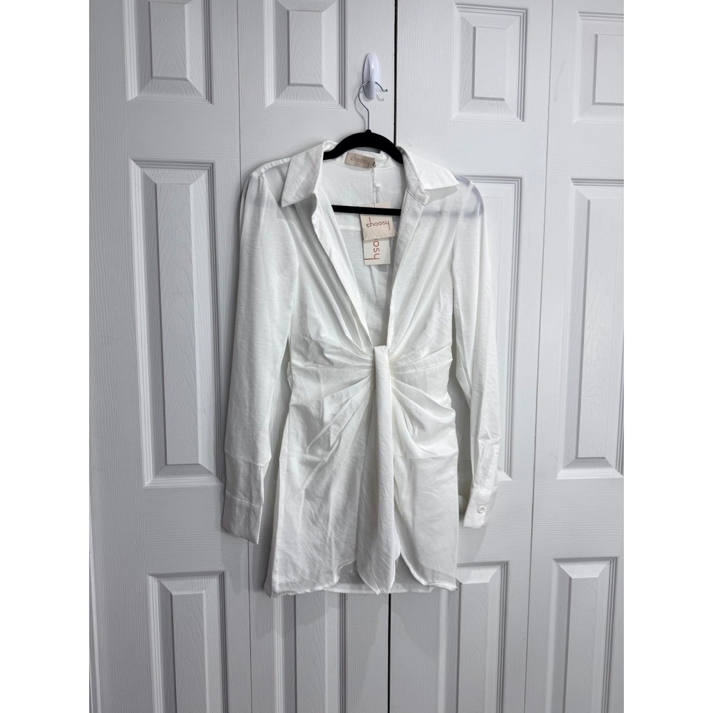 Choosy Crosby St Linen Blend Mini Dress Womens 0 White Long Sleeve Plunging Neck